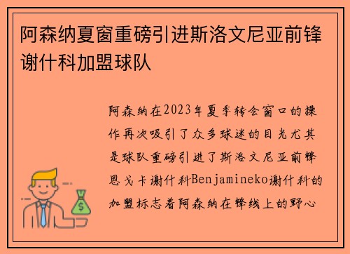 阿森纳夏窗重磅引进斯洛文尼亚前锋谢什科加盟球队 阿森纳夏窗重磅引进斯洛文尼亚前锋谢什科加盟球队