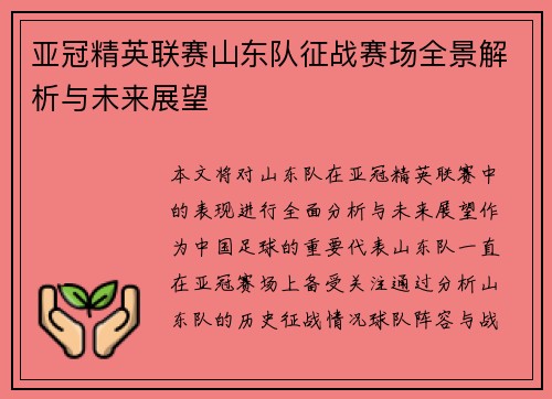 亚冠精英联赛山东队征战赛场全景解析与未来展望 亚冠精英联赛山东队征战赛场全景解析与未来展望